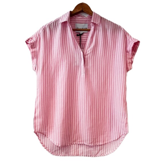 Lola River Pink White Striped Miley Popover Top Carnation Small Linen Blend - Picture 3 of 7